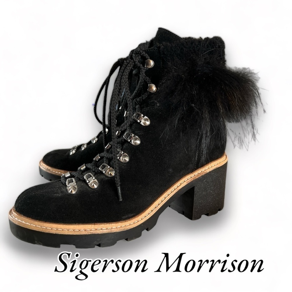 Sigerson Morrison Nalia Black Leather Goat Raccoon Fur Hiking Boots Size 40 (9)